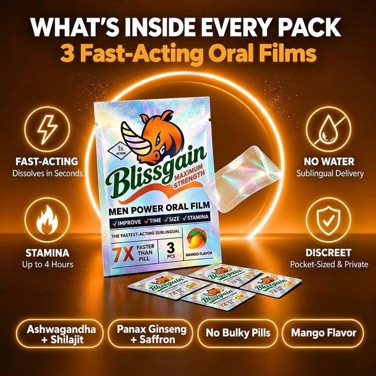 Blissgain Mango oral film pack with 3 fast-acting films, orange rhino design